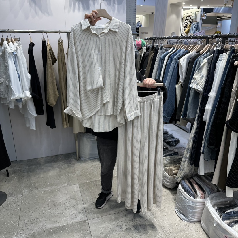 BLOOM韓國東大門代購女裝新品熱賣套裝兩件套套裝亞麻條紋BLOOM-Q套裝圖色1米色