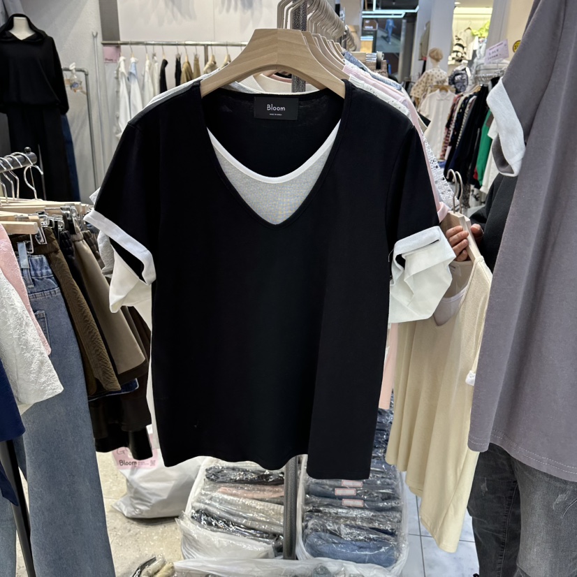 BLOOM韓國代購女士新款推薦熱賣時尚職業人氣T恤假兩件V領BLOOM-QT恤圖色4