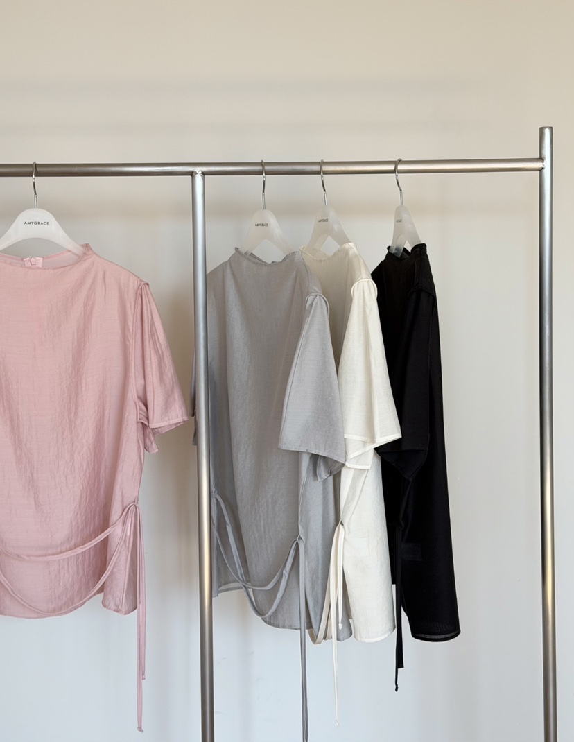 AMY GRACE-A韓國直郵女士新品休閑襯衫蕾絲衫含腰繩高領AMY GRACE-A襯衫/蕾絲衫