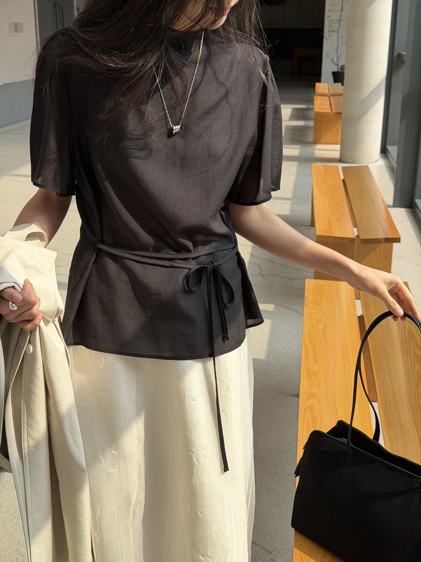 AMY GRACE-A韓國直郵女士新品休閑襯衫蕾絲衫含腰繩高領AMY GRACE-A襯衫/蕾絲衫