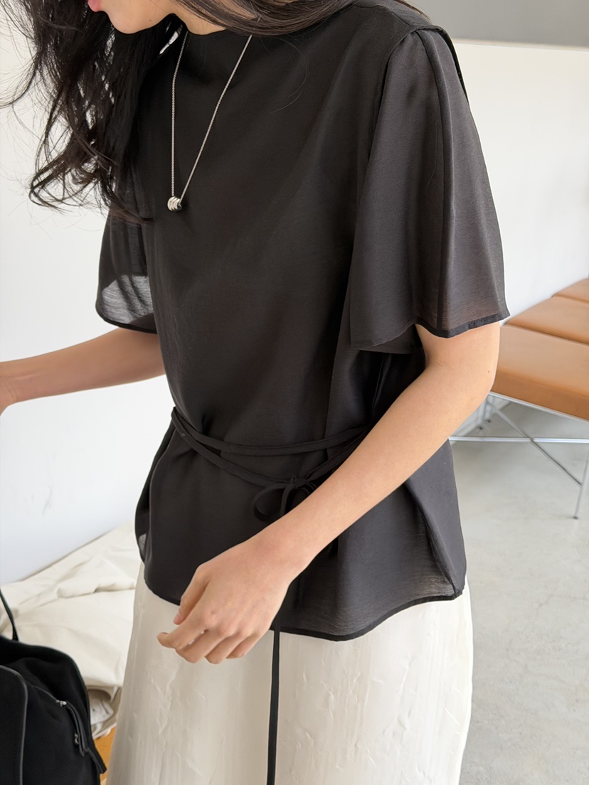 AMY GRACE-A韓國直郵女士新品休閑襯衫蕾絲衫含腰繩高領AMY GRACE-A襯衫/蕾絲衫