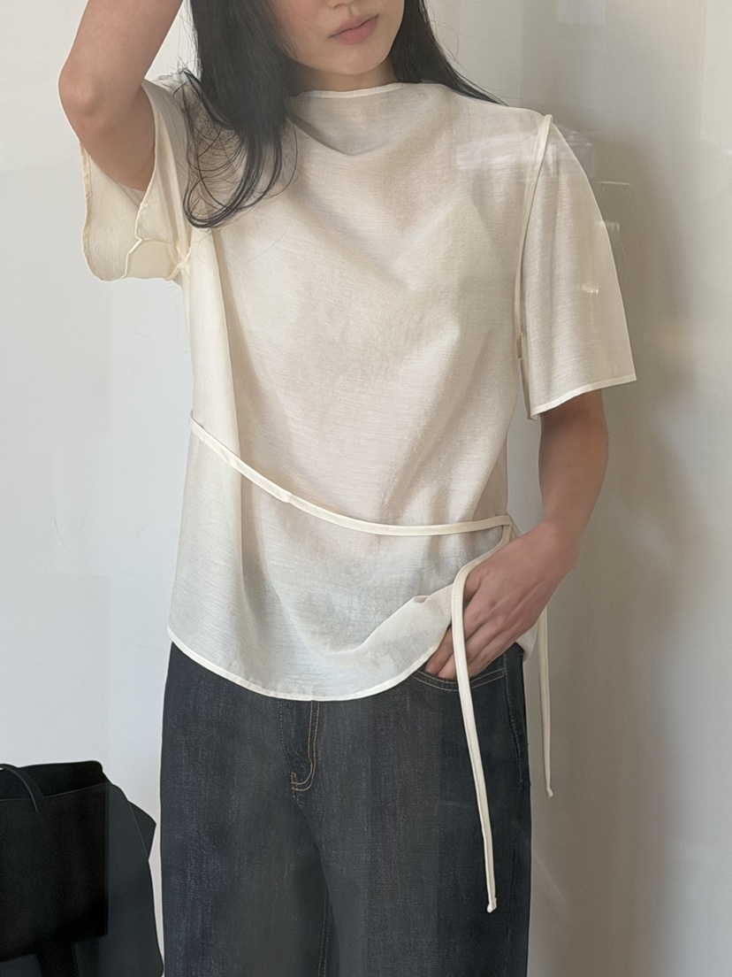 AMY GRACE-A韓國直郵女士新品休閑襯衫蕾絲衫含腰繩高領AMY GRACE-A襯衫/蕾絲衫