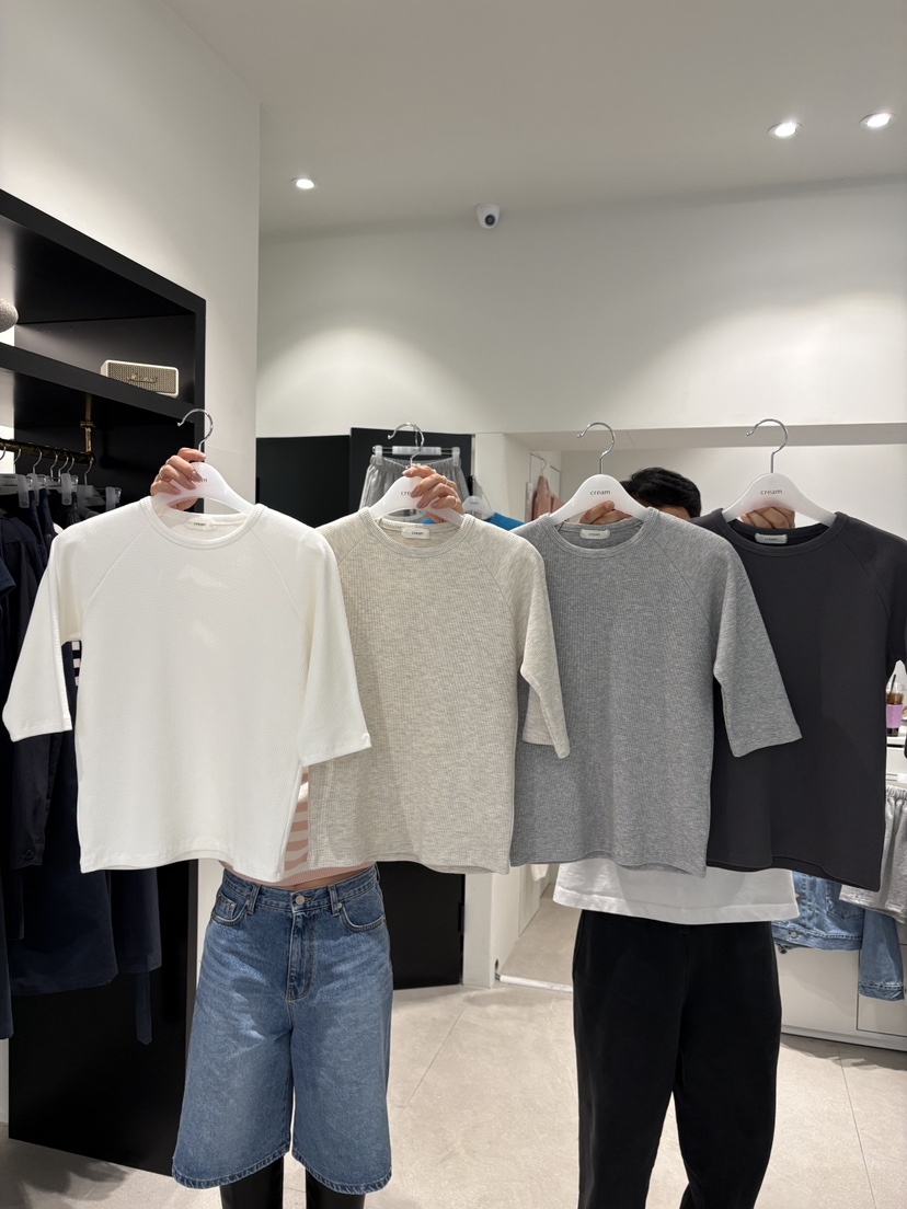 CREAM-P韓國東大門直郵女裝新款熱賣休閑T恤插肩袖華夫格CREAM-PT恤