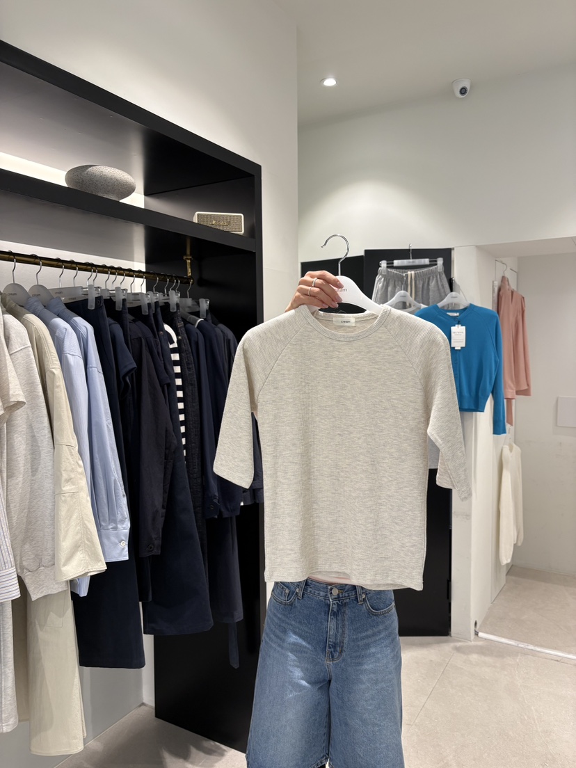 CREAM-P韓國東大門直郵女裝新款熱賣休閑T恤插肩袖華夫格CREAM-PT恤圖色2米色