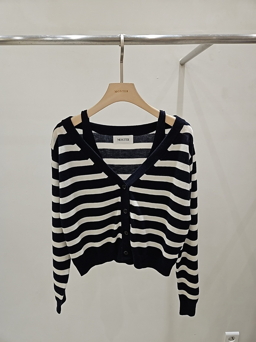 MONTER韓國直郵實拍女裝新品推薦休閑熱賣針織衫假兩件條紋MONTER針織衫圖色1