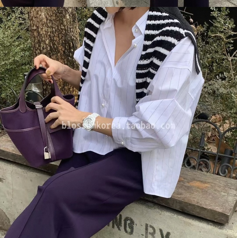 PRIVIE/H/LOW GAUGE韓國東大門代購女士新款職業襯衫蕾絲衫不含圍巾條紋PRIVIE/H/LOW GAUGE襯衫/蕾絲衫圖色1