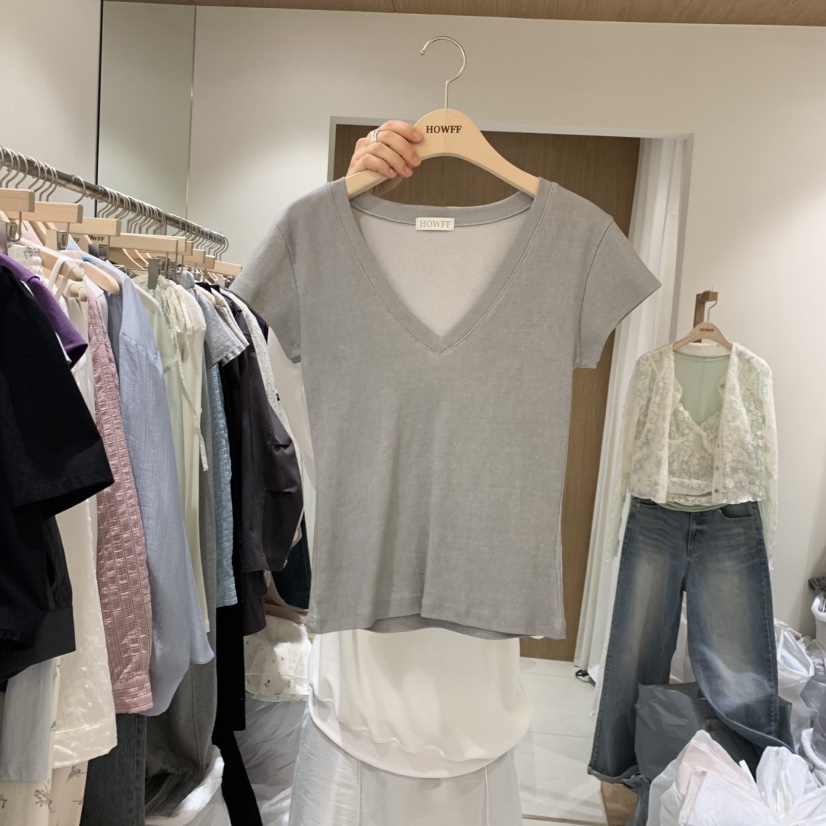 HOWFF韓國直郵女士新品時尚職業26春夏人氣休閑熱賣T恤V領HOWFFT恤圖色4