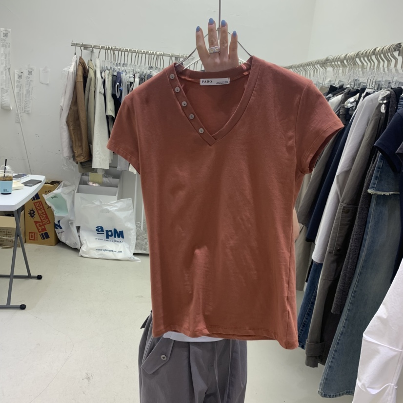 PADO韓國代購女裝新款推薦時尚休閑職業26春夏T恤V領紐扣PADOT恤圖色4