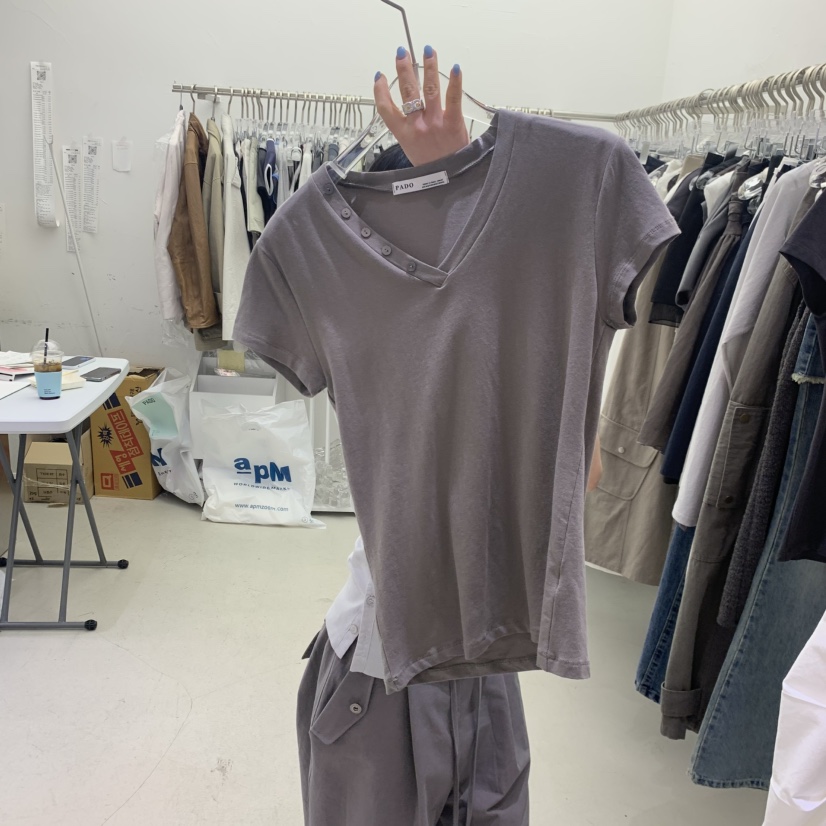 PADO韓國代購女裝新款推薦時尚休閑職業26春夏T恤V領紐扣PADOT恤圖色6