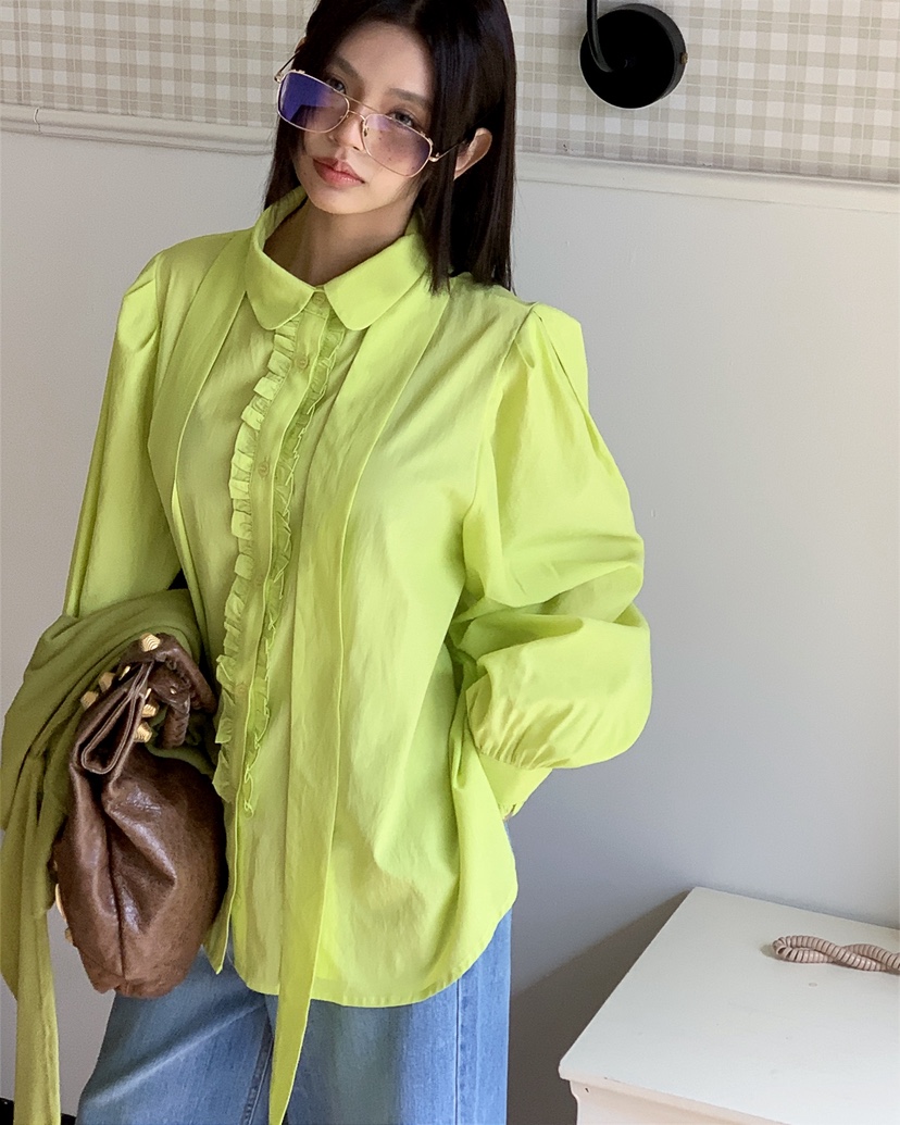 LIVE AID-P韓國直郵實拍女士新品休閑襯衫蕾絲衫含領帶系帶LIVE AID-P襯衫/蕾絲衫