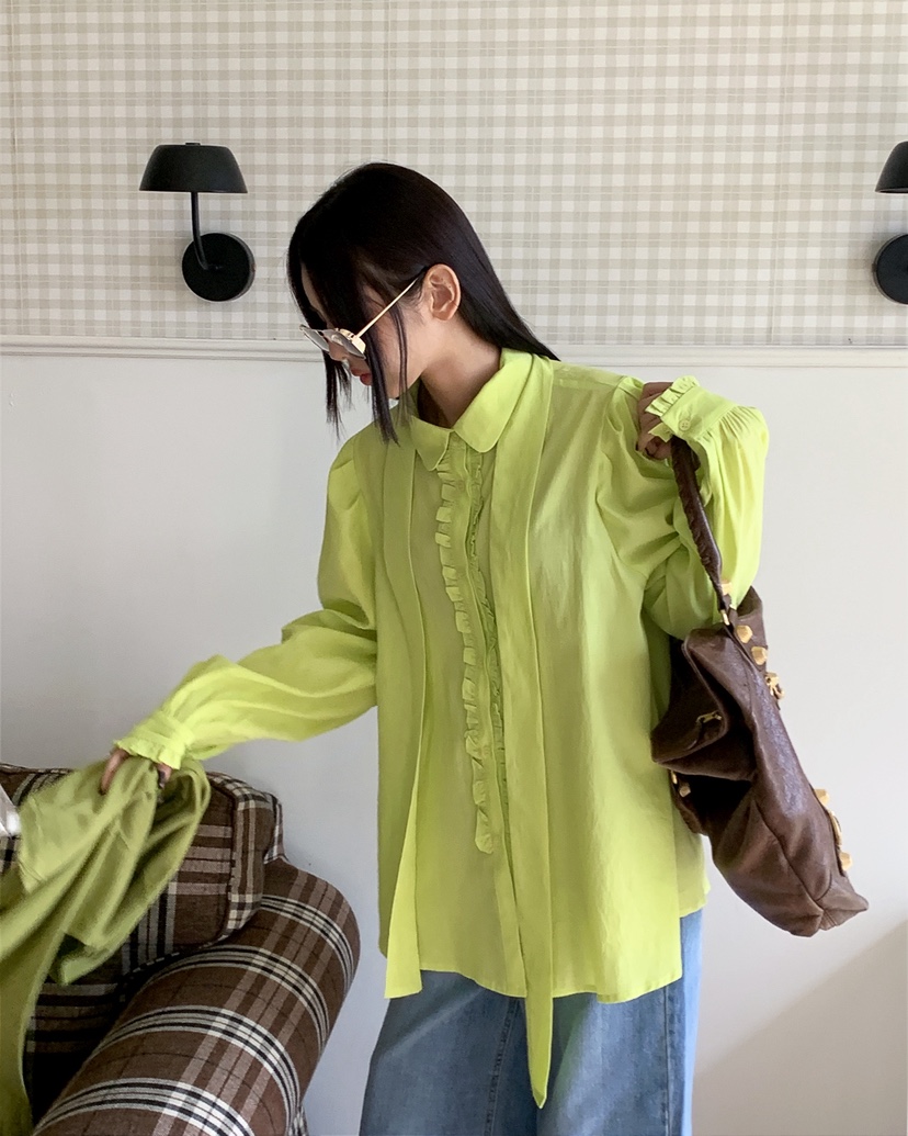 LIVE AID-P韓國直郵實拍女士新品休閑襯衫蕾絲衫含領帶系帶LIVE AID-P襯衫/蕾絲衫