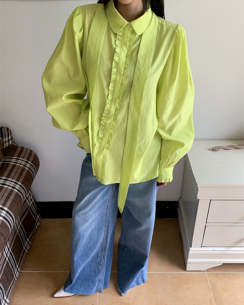 LIVE AID-P韓國直郵實拍女士新品休閑襯衫蕾絲衫含領帶系帶LIVE AID-P襯衫/蕾絲衫