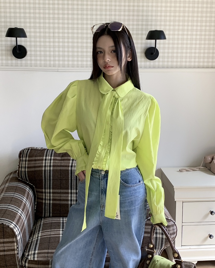 LIVE AID-P韓國直郵實拍女士新品休閑襯衫蕾絲衫含領帶系帶LIVE AID-P襯衫/蕾絲衫