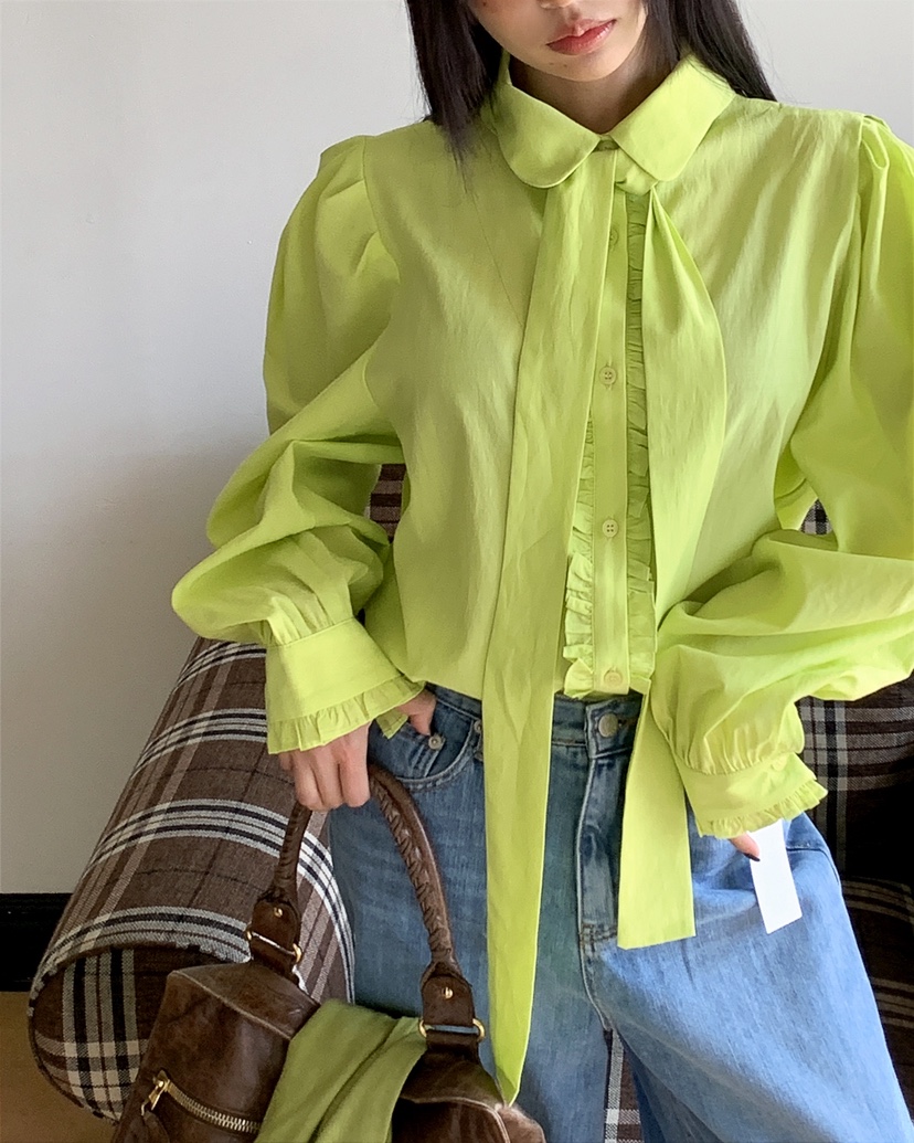 LIVE AID-P韓國直郵實拍女士新品休閑襯衫蕾絲衫含領帶系帶LIVE AID-P襯衫/蕾絲衫