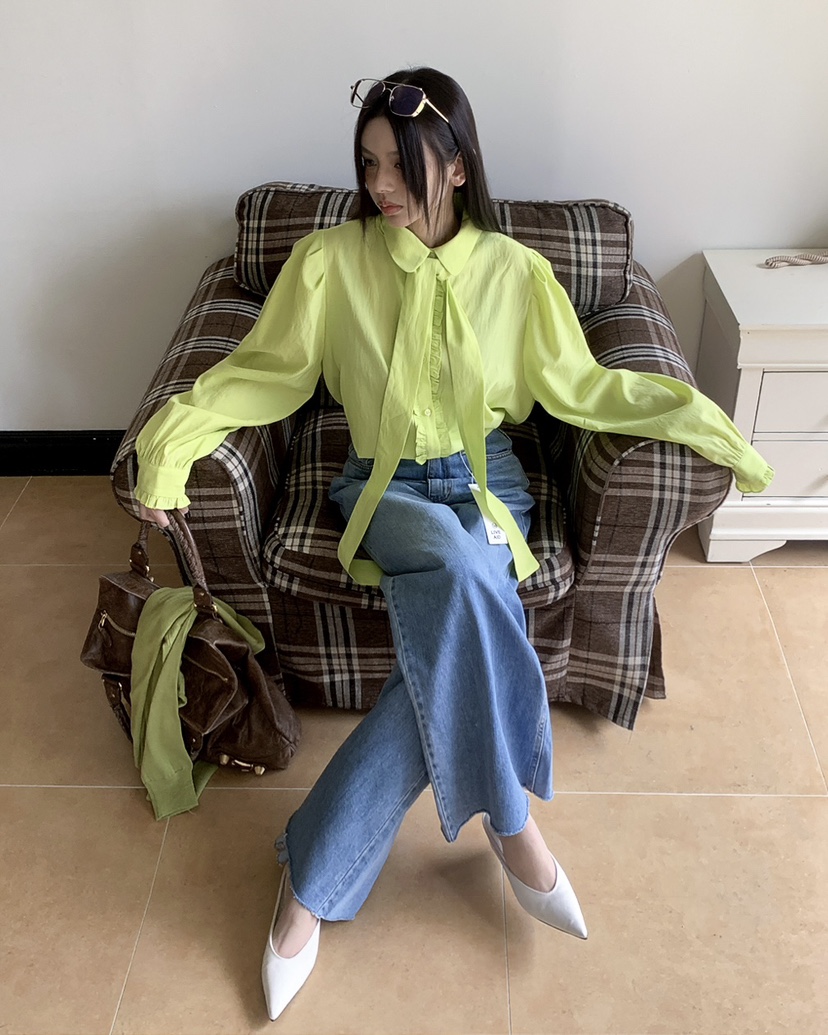 LIVE AID-P韓國直郵實拍女士新品休閑襯衫蕾絲衫含領帶系帶LIVE AID-P襯衫/蕾絲衫