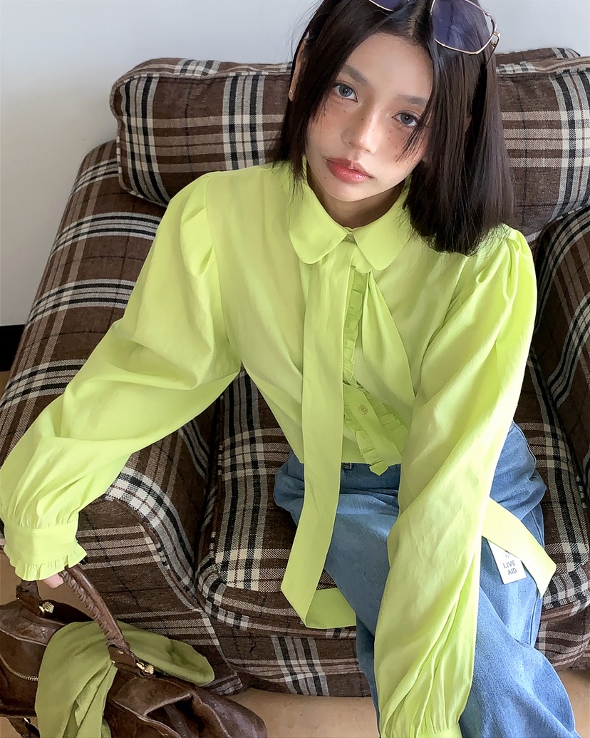 LIVE AID-P韓國直郵實拍女士新品休閑襯衫蕾絲衫含領帶系帶LIVE AID-P襯衫/蕾絲衫