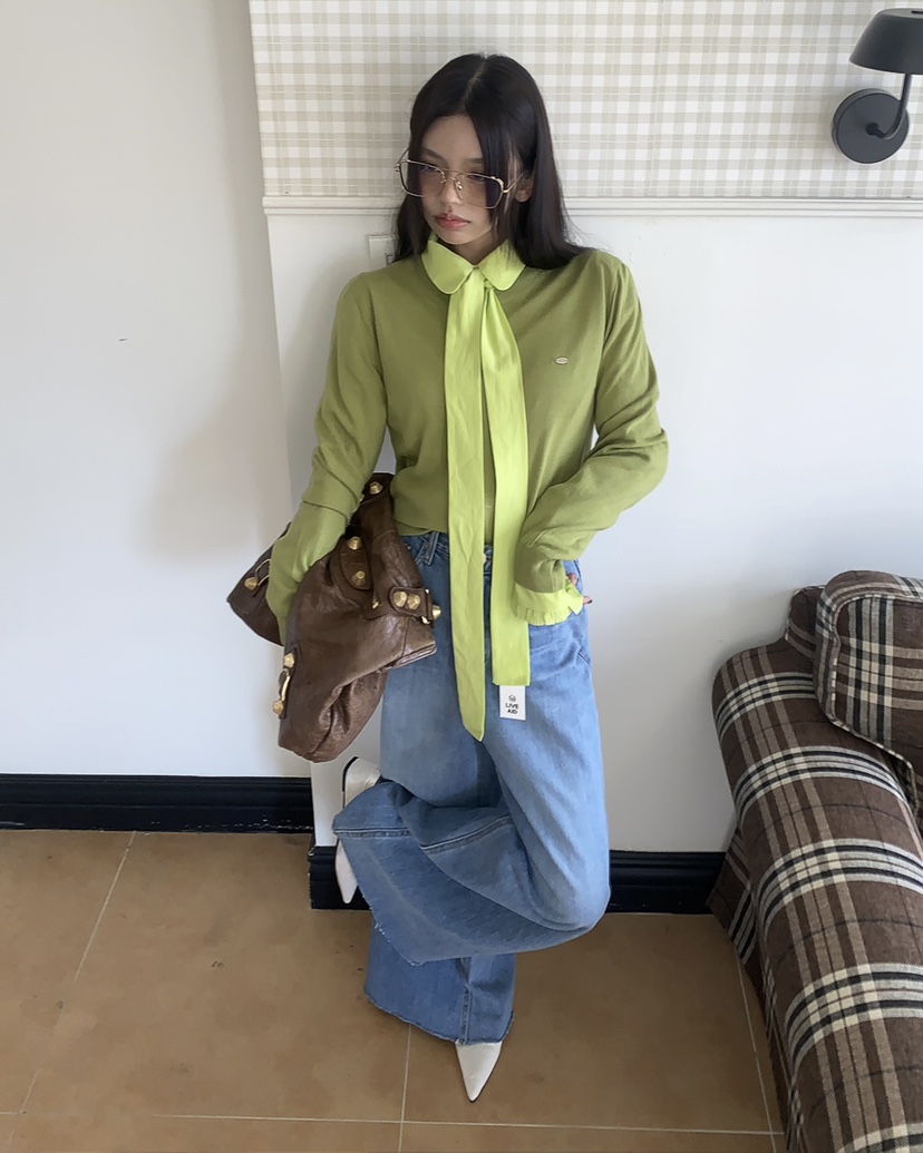 LIVE AID-P韓國直郵實拍女士新品休閑襯衫蕾絲衫含領帶系帶LIVE AID-P襯衫/蕾絲衫