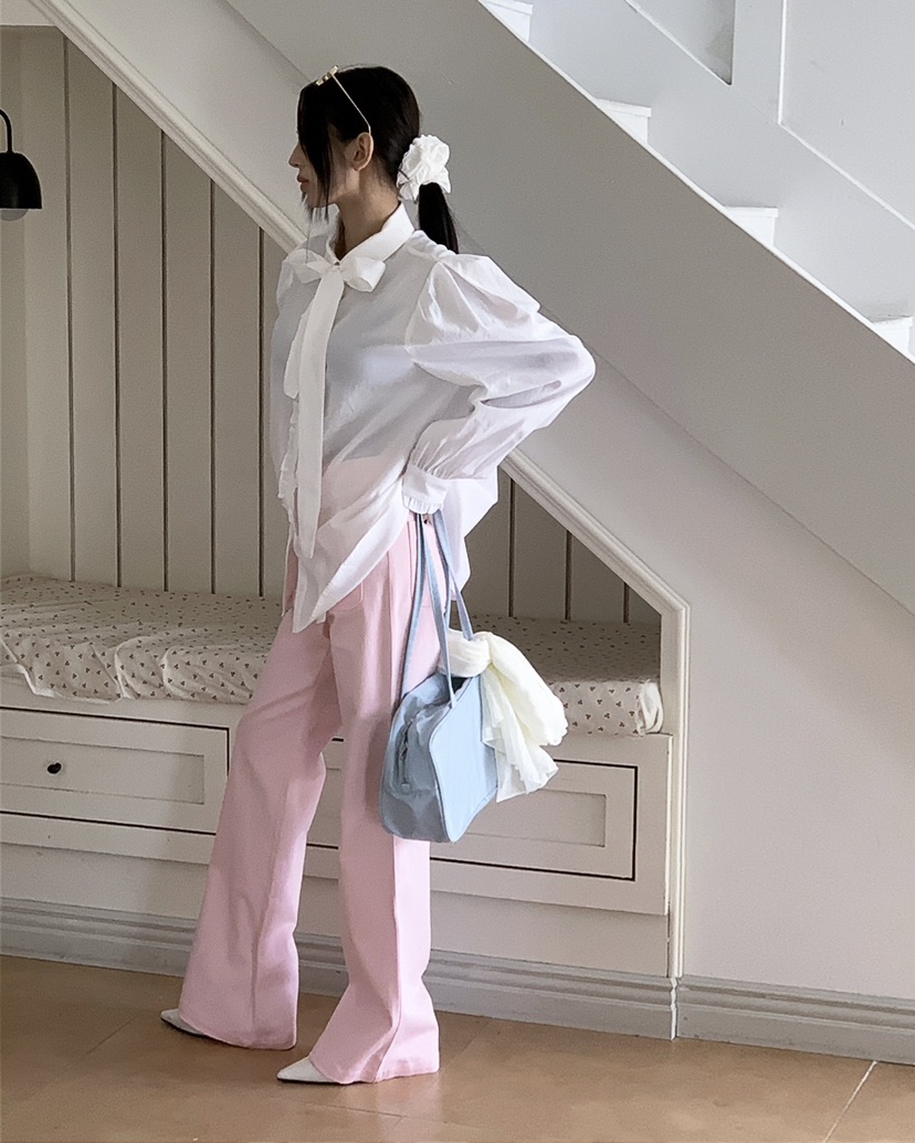 LIVE AID-P韓國直郵實拍女士新品休閑襯衫蕾絲衫含領帶系帶LIVE AID-P襯衫/蕾絲衫