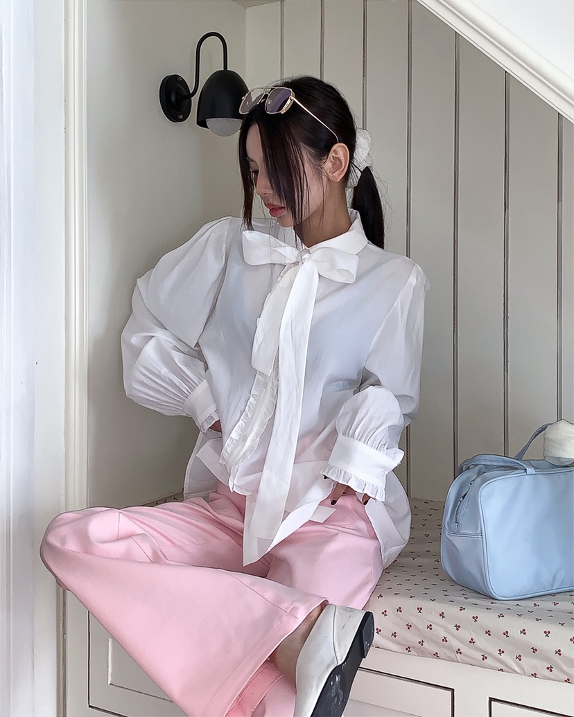 LIVE AID-P韓國直郵實拍女士新品休閑襯衫蕾絲衫含領帶系帶LIVE AID-P襯衫/蕾絲衫