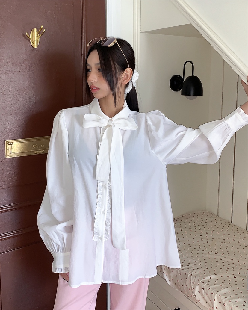 LIVE AID-P韓國直郵實拍女士新品休閑襯衫蕾絲衫含領帶系帶LIVE AID-P襯衫/蕾絲衫