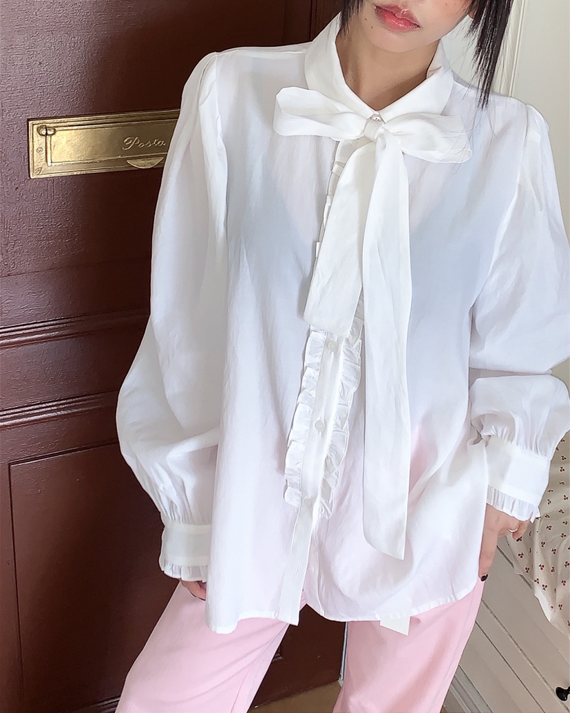 LIVE AID-P韓國直郵實拍女士新品休閑襯衫蕾絲衫含領帶系帶LIVE AID-P襯衫/蕾絲衫