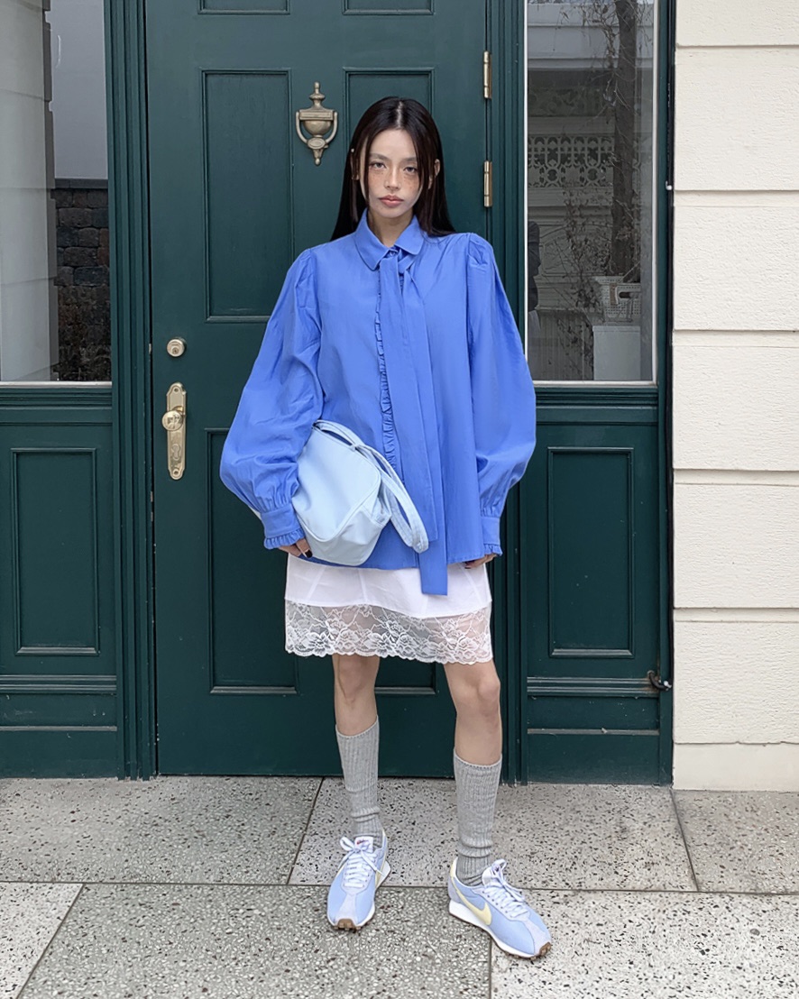 LIVE AID-P韓國直郵實拍女士新品休閑襯衫蕾絲衫含領帶系帶LIVE AID-P襯衫/蕾絲衫