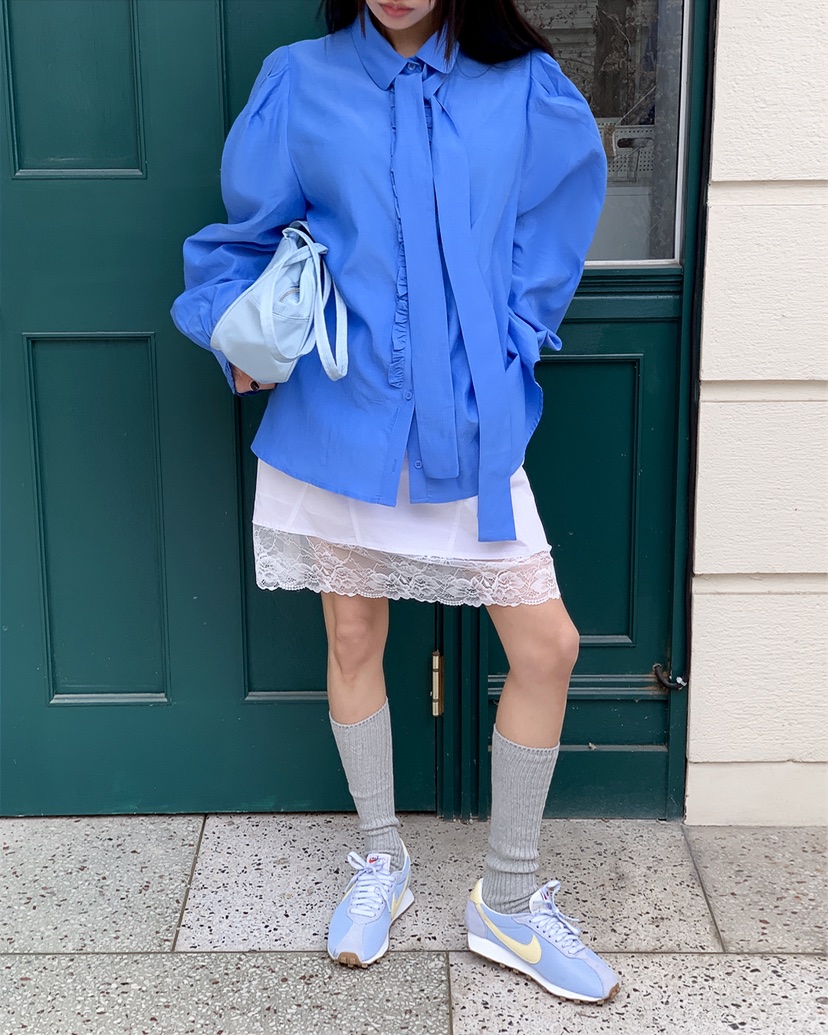 LIVE AID-P韓國直郵實拍女士新品休閑襯衫蕾絲衫含領帶系帶LIVE AID-P襯衫/蕾絲衫