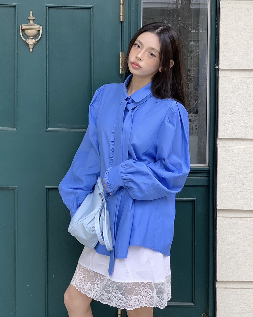 LIVE AID-P韓國直郵實拍女士新品休閑襯衫蕾絲衫含領帶系帶LIVE AID-P襯衫/蕾絲衫