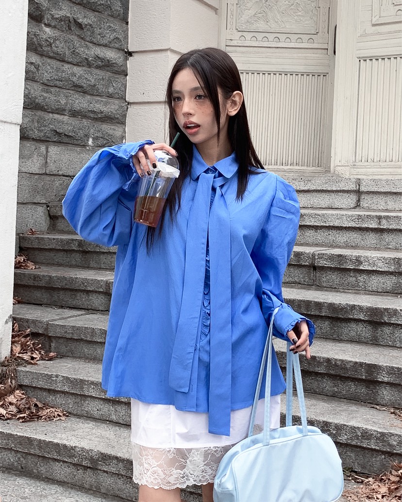 LIVE AID-P韓國直郵實拍女士新品休閑襯衫蕾絲衫含領帶系帶LIVE AID-P襯衫/蕾絲衫