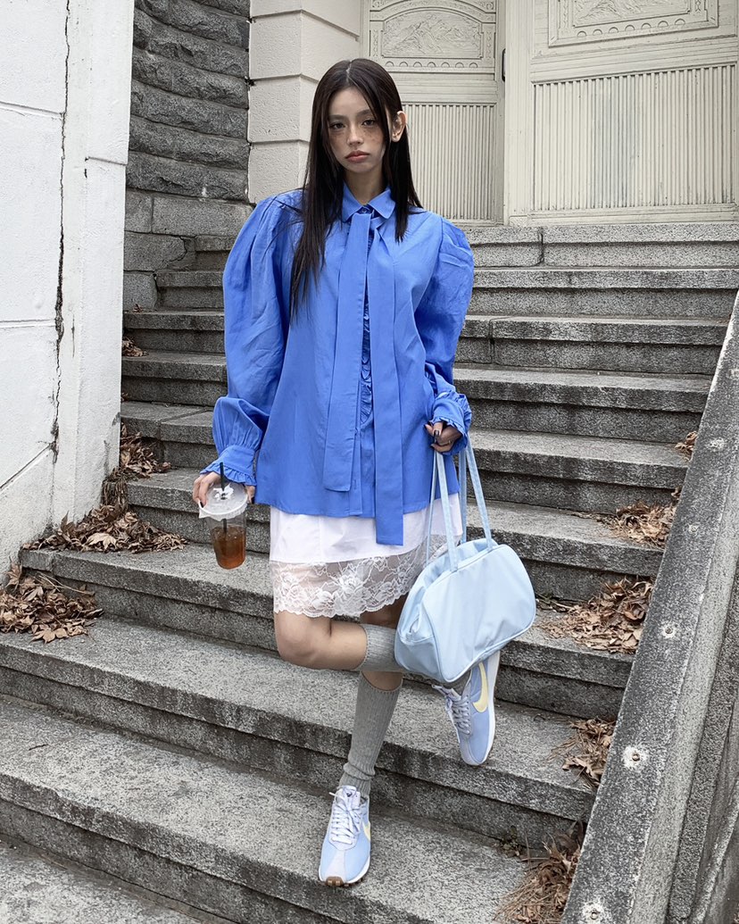 LIVE AID-P韓國直郵實拍女士新品休閑襯衫蕾絲衫含領帶系帶LIVE AID-P襯衫/蕾絲衫