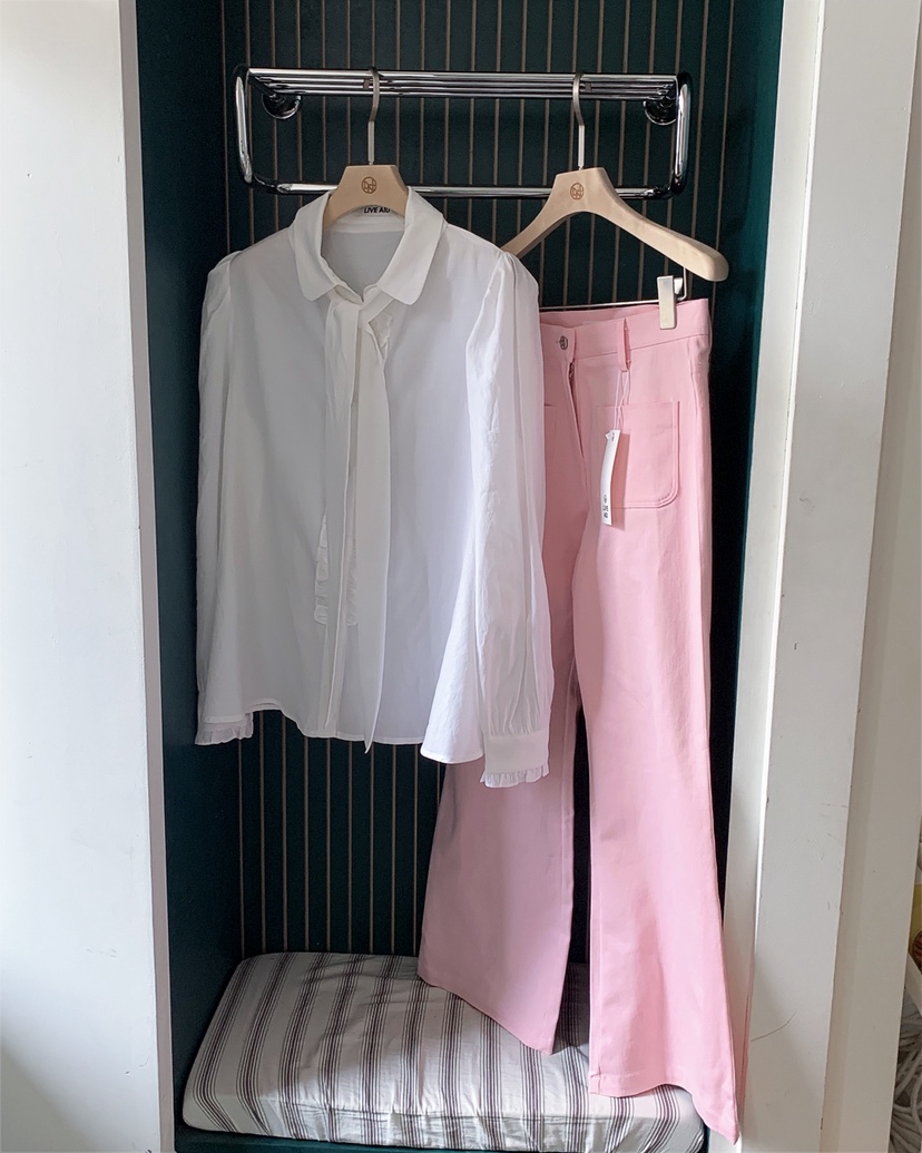 LIVE AID-P韓國直郵實拍女士新品休閑襯衫蕾絲衫含領帶系帶LIVE AID-P襯衫/蕾絲衫