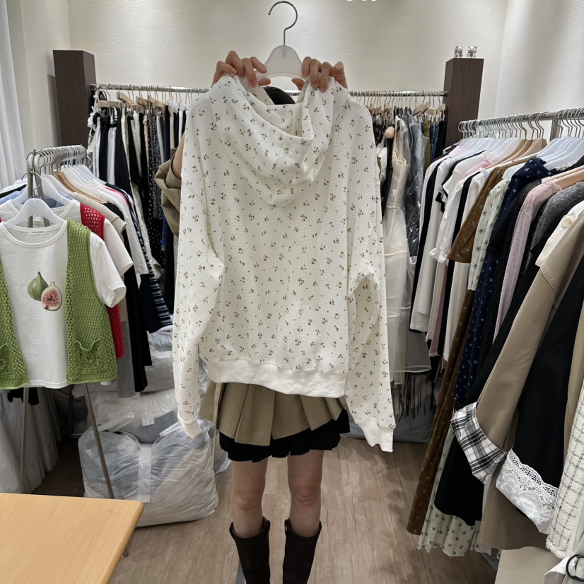 HANSUNGHYUN韓國東大門代購女裝新款職業衛衣華夫格連帽衫拉鏈花朵HANSUNGHYUN衛衣