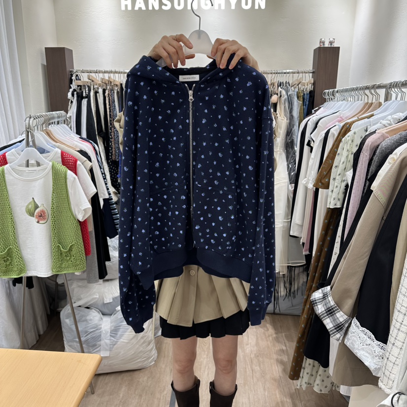 HANSUNGHYUN韓國東大門代購女裝新款職業衛衣華夫格連帽衫拉鏈花朵HANSUNGHYUN衛衣圖色2