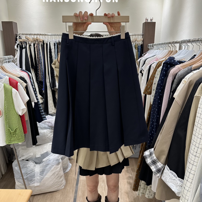 HANSUNGHYUN韓國直郵女裝新品熱賣半身裙中短裙口袋蕾絲褶裥HANSUNGHYUN半身裙/中短裙