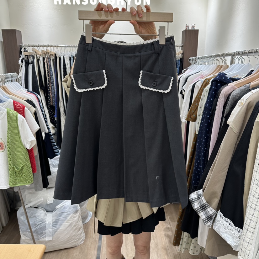 HANSUNGHYUN韓國直郵女裝新品熱賣半身裙中短裙口袋蕾絲褶裥HANSUNGHYUN半身裙/中短裙圖色1墨色