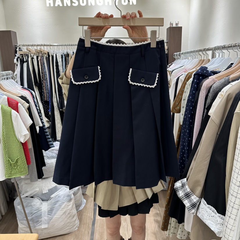 HANSUNGHYUN韓國直郵女裝新品熱賣半身裙中短裙口袋蕾絲褶裥HANSUNGHYUN半身裙/中短裙圖色2深藍色