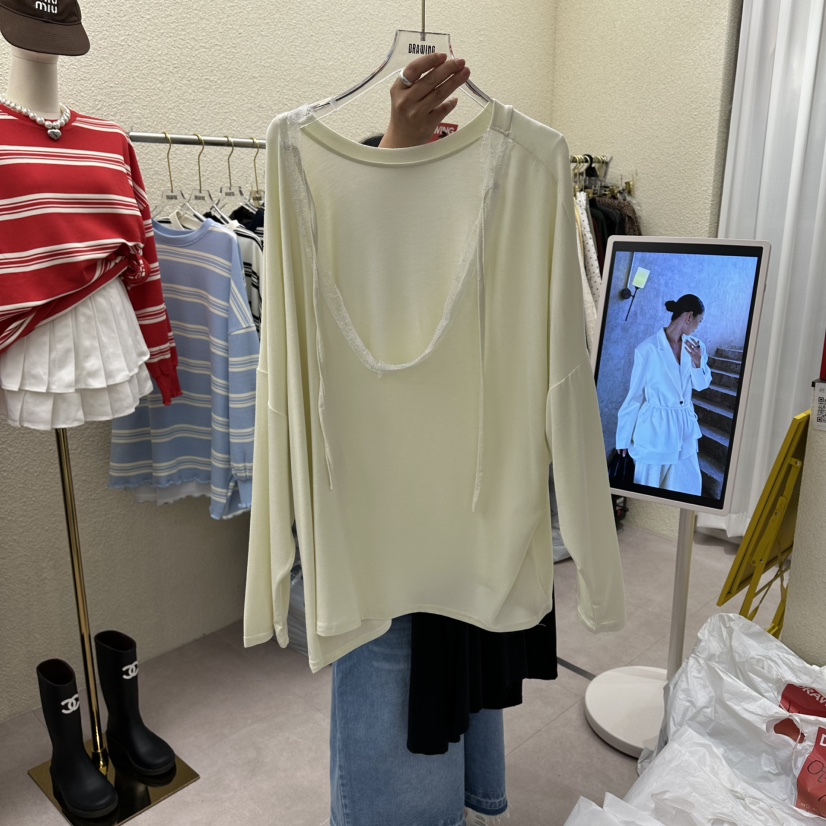 DRAWING韓國直郵女士新款熱賣26春夏休閑職業長袖T恤系帶DRAWING長袖T恤