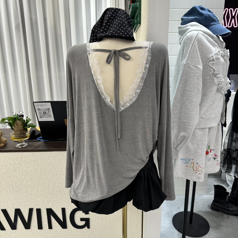 DRAWING韓國直郵女士新款熱賣26春夏休閑職業長袖T恤系帶DRAWING長袖T恤