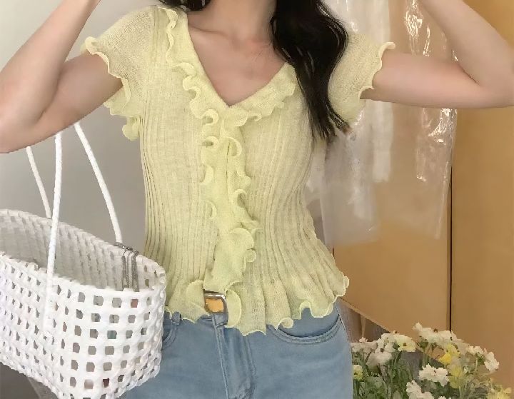 CRONG韓國代購女裝新款真品職業推薦休閑人氣針織衫荷葉邊CRONG針織衫