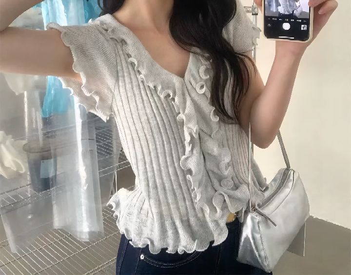 CRONG韓國代購女裝新款真品職業推薦休閑人氣針織衫荷葉邊CRONG針織衫