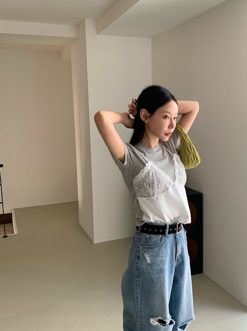 REVE CITE-L東大門代購女裝新款26春夏熱賣T恤假兩件蕾絲REVE CITE-LT恤