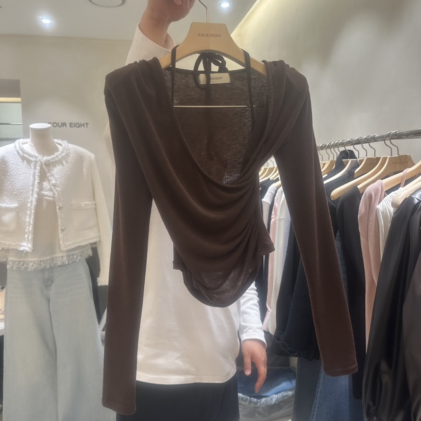 FOUREIGHT韓國東大門直郵女裝新款26春夏休閑長袖T恤褶皺FOUR EIGHT長袖T恤圖色3棕色