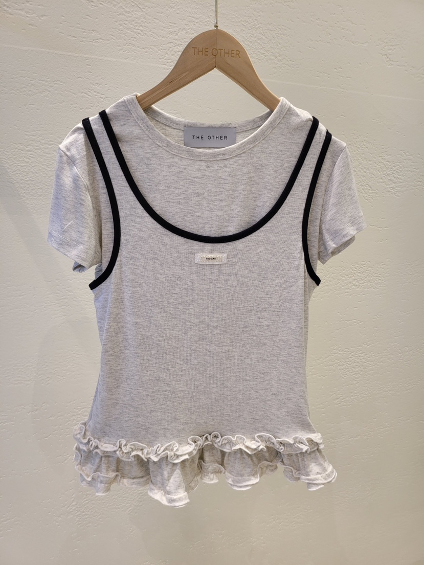 THE OTHER韓國代購女士新品休閑職業推薦人氣熱賣T恤假兩件THE OTHERT恤圖色1灰白色