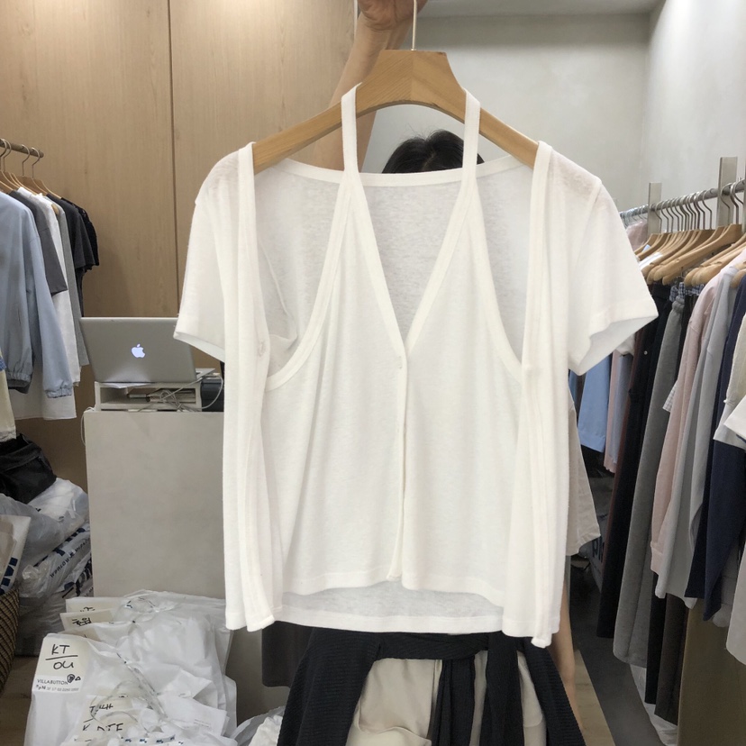 VILLABUTTON韓國直郵實拍女士新款人氣時尚T恤假兩件開衫VILLABUTTONT恤圖色1