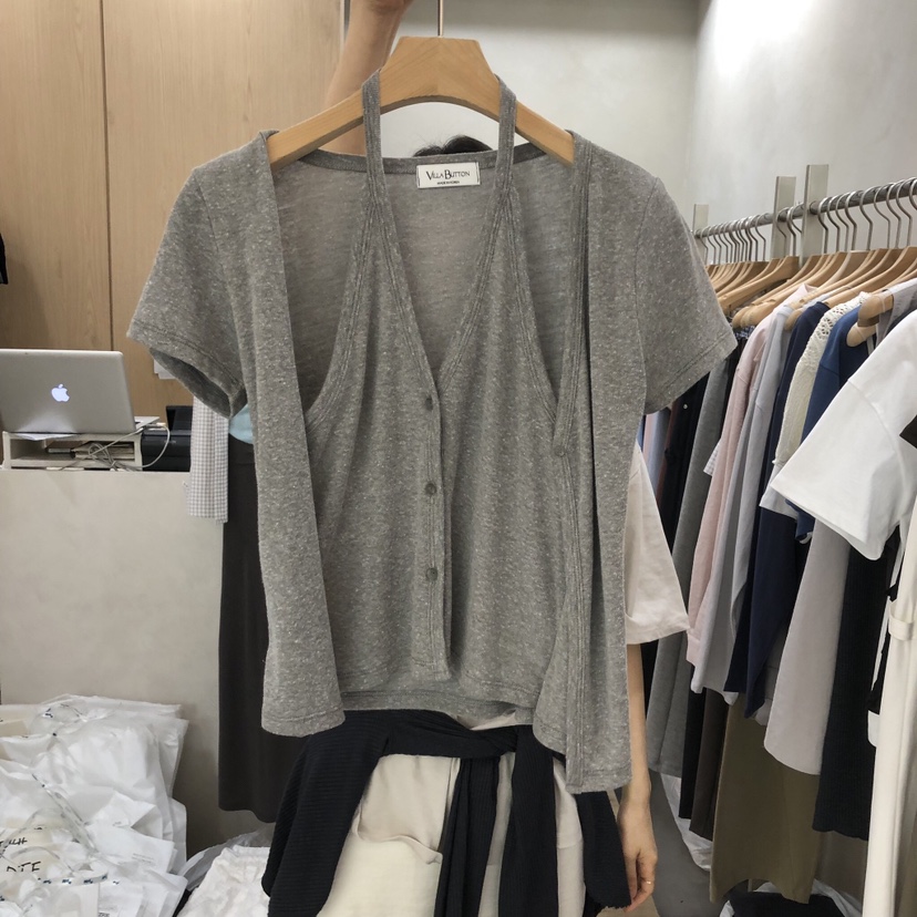 VILLABUTTON韓國直郵實拍女士新款人氣時尚T恤假兩件開衫VILLABUTTONT恤圖色2