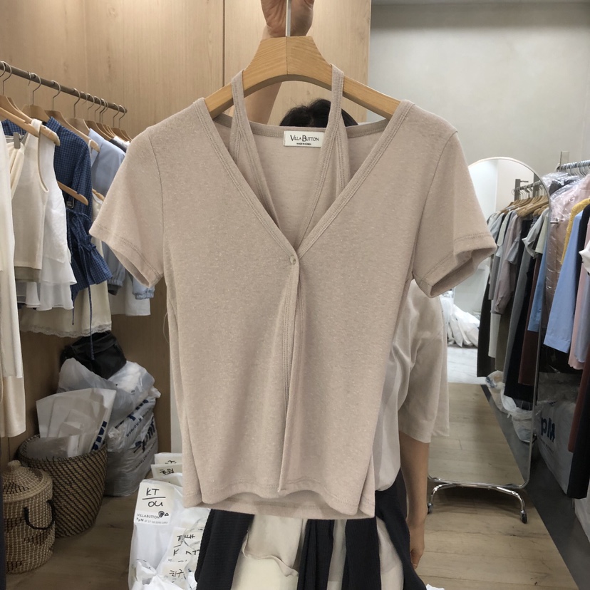 VILLABUTTON韓國直郵實拍女士新款人氣時尚T恤假兩件開衫VILLABUTTONT恤圖色3