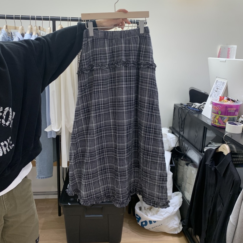 SPAGHETTI韓國代購女裝新品時尚職業人氣熱賣長裙荷葉邊格子spaghetti長裙