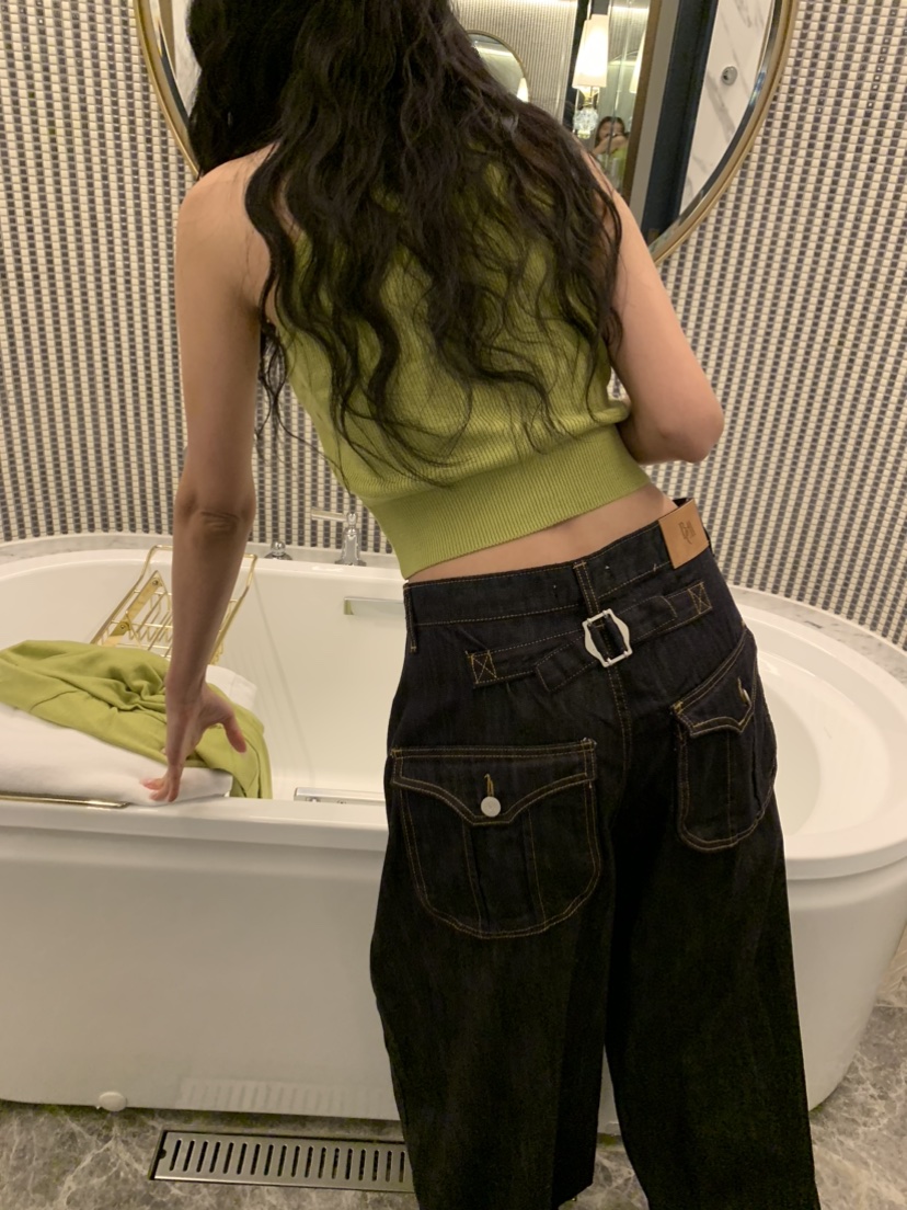 BADCALM東大門直郵女裝新款職業真品時尚牛仔褲不褪色口袋BADCALM牛仔褲