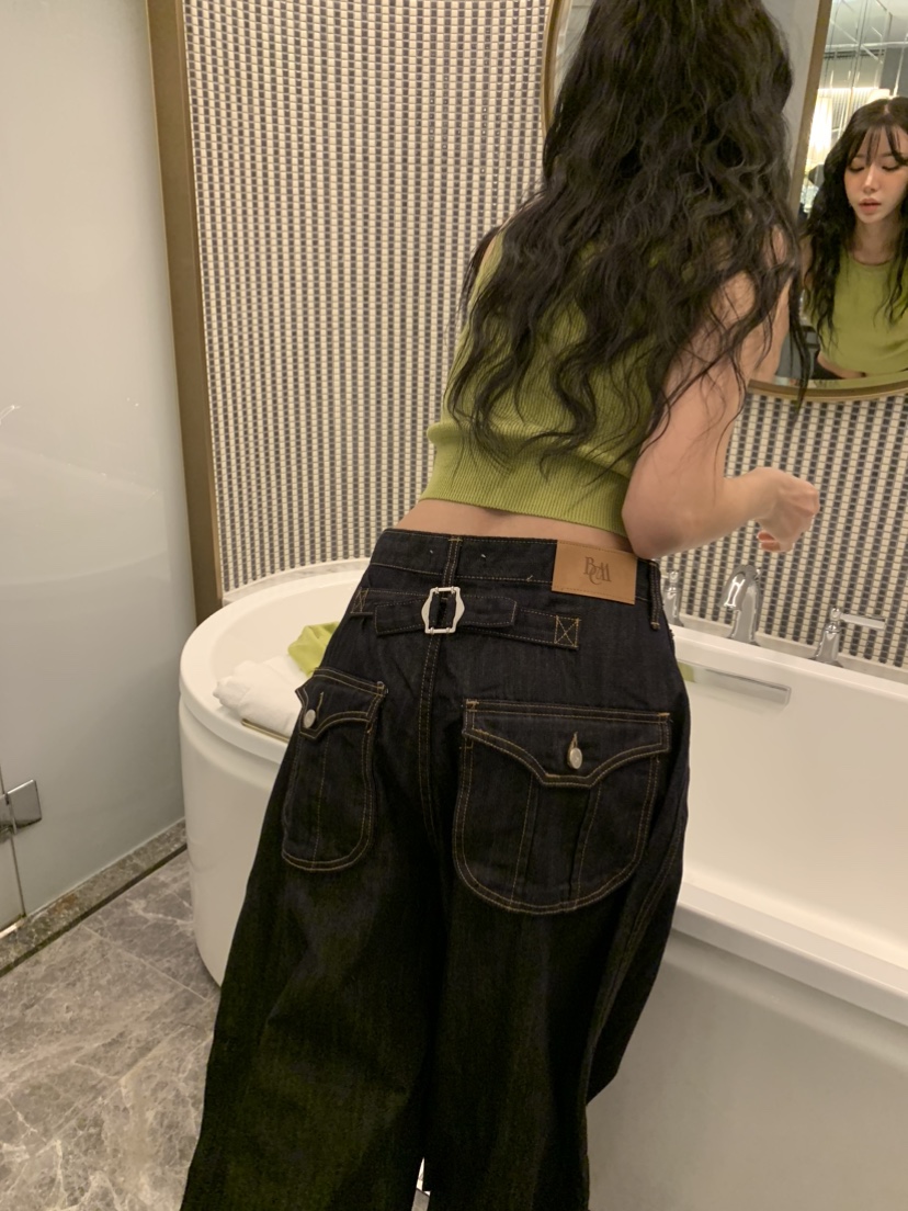 BADCALM東大門直郵女裝新款職業真品時尚牛仔褲不褪色口袋BADCALM牛仔褲