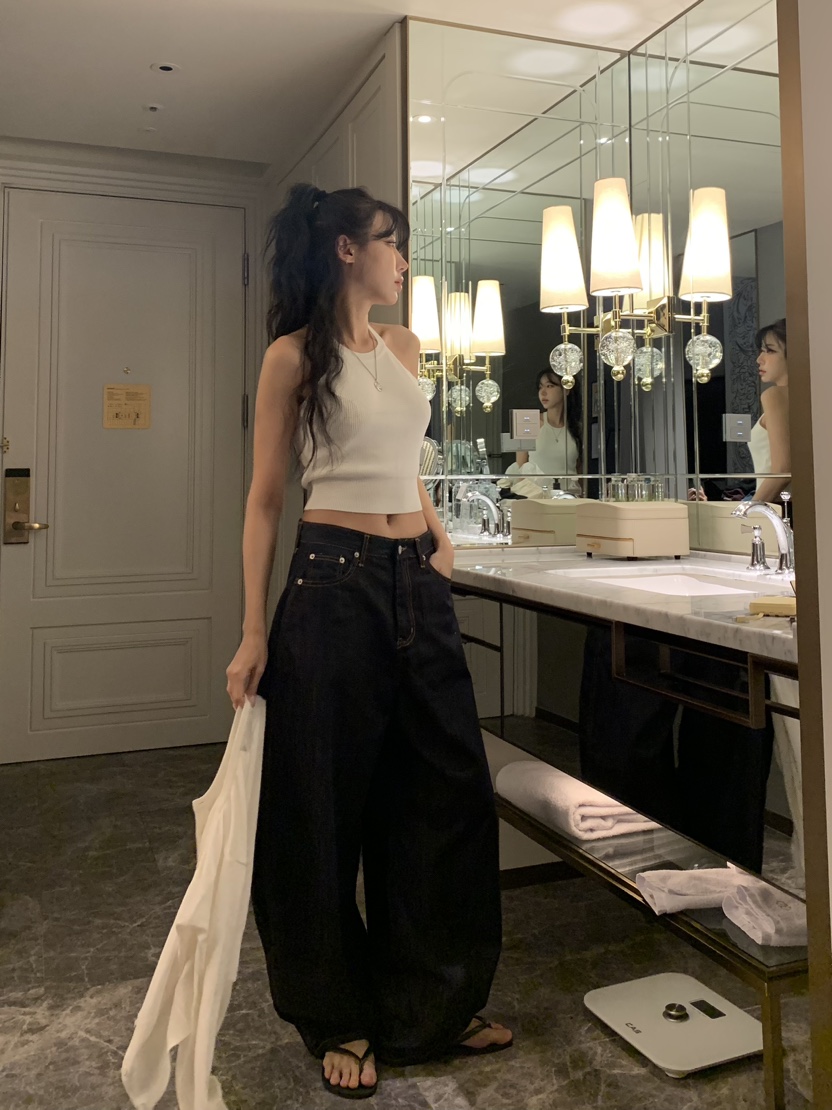 BADCALM東大門直郵女裝新款職業真品時尚牛仔褲不褪色口袋BADCALM牛仔褲